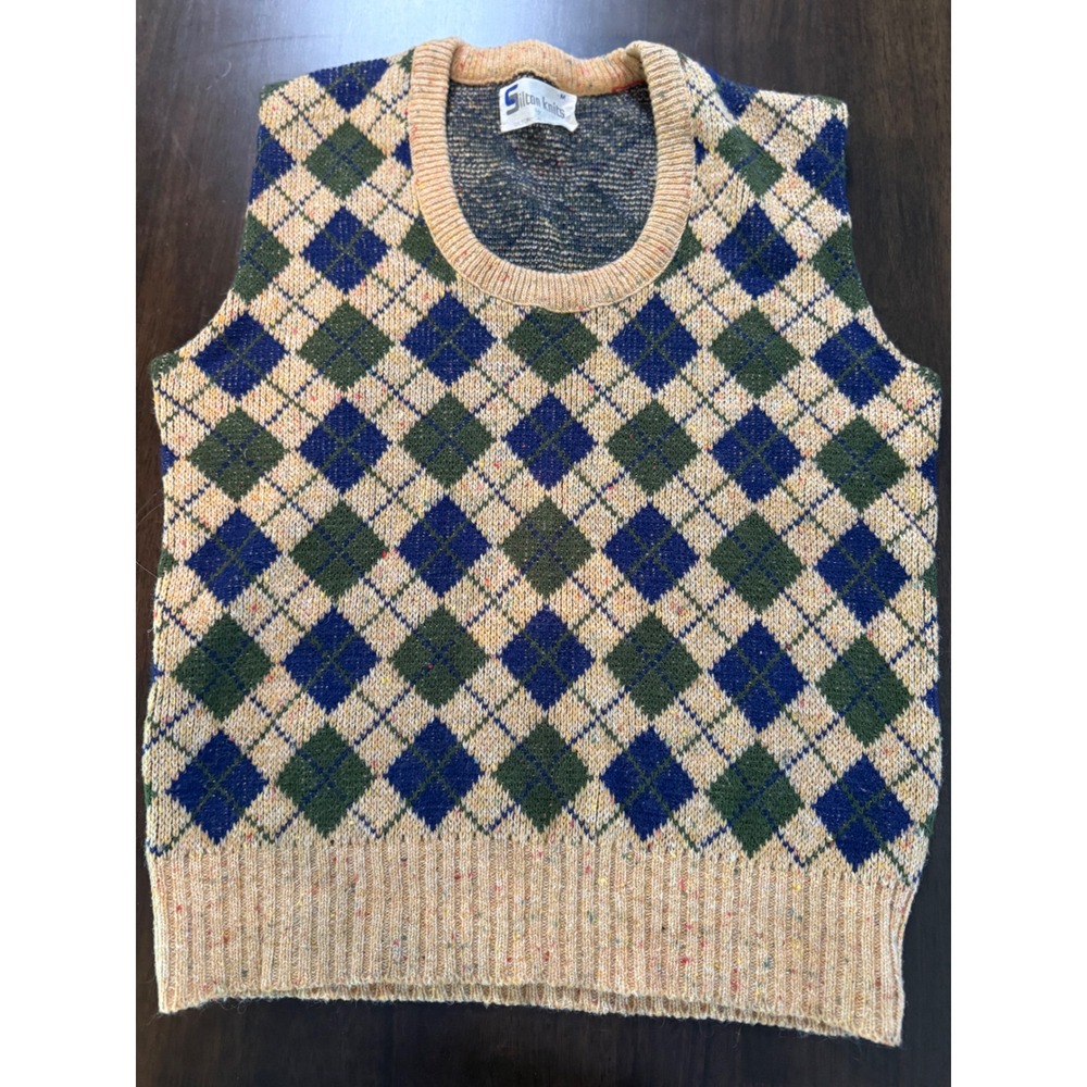 Vintage Silton Knits Argyle Sweater Vest Mens Medium Blue Green Tan Flecked Knit